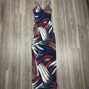 Vintage Mystic Bodycon Brushstroke Maxi Dress Womens M Multicolor Abstract Print